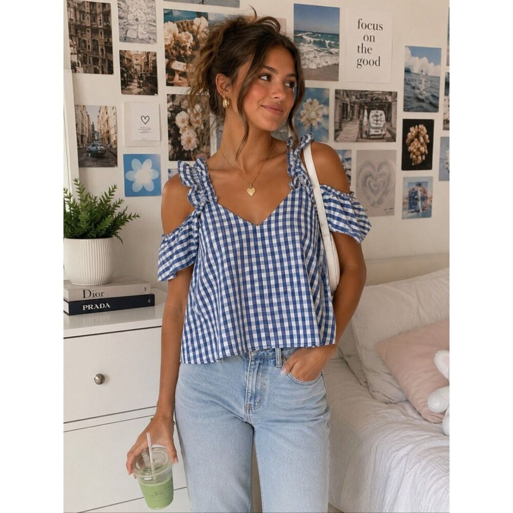 NWT Topshop Blue Gingham Off Shoulder Top 2 Beachy Summer Resort wear Vacation